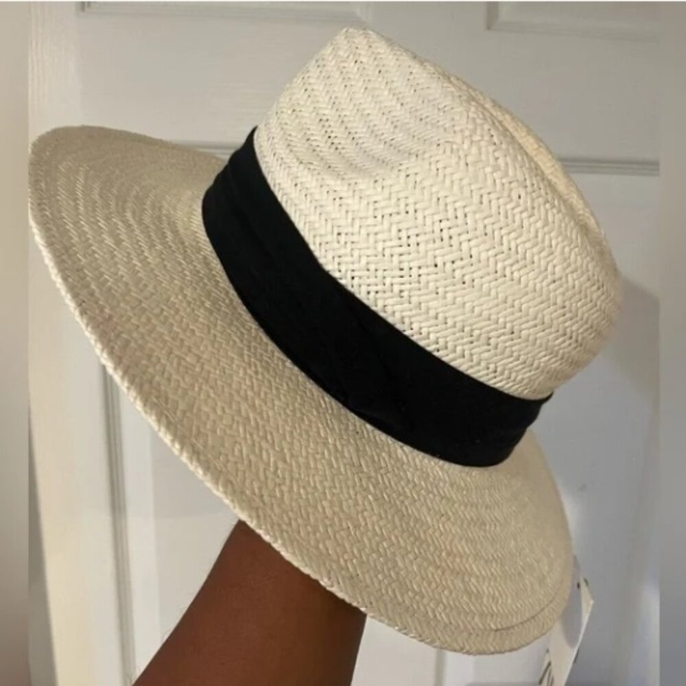 NWT Cream Straw Fedora Style Hat with Black BanD